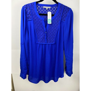 NWT Daniel Rainn Maternity Women's size M Blue Blouse Top Roll Tab Sleeve